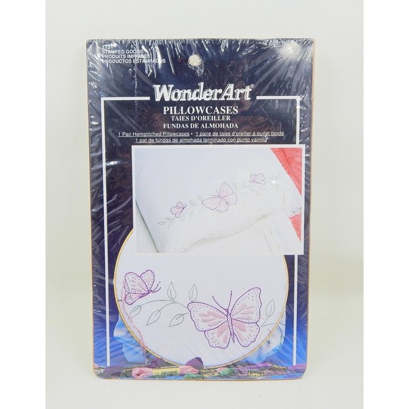 Wonder Art Poly Cotton Pillowcases Pair Butterfly Stamped For Embroidery 1131 - Picture 1 of 6